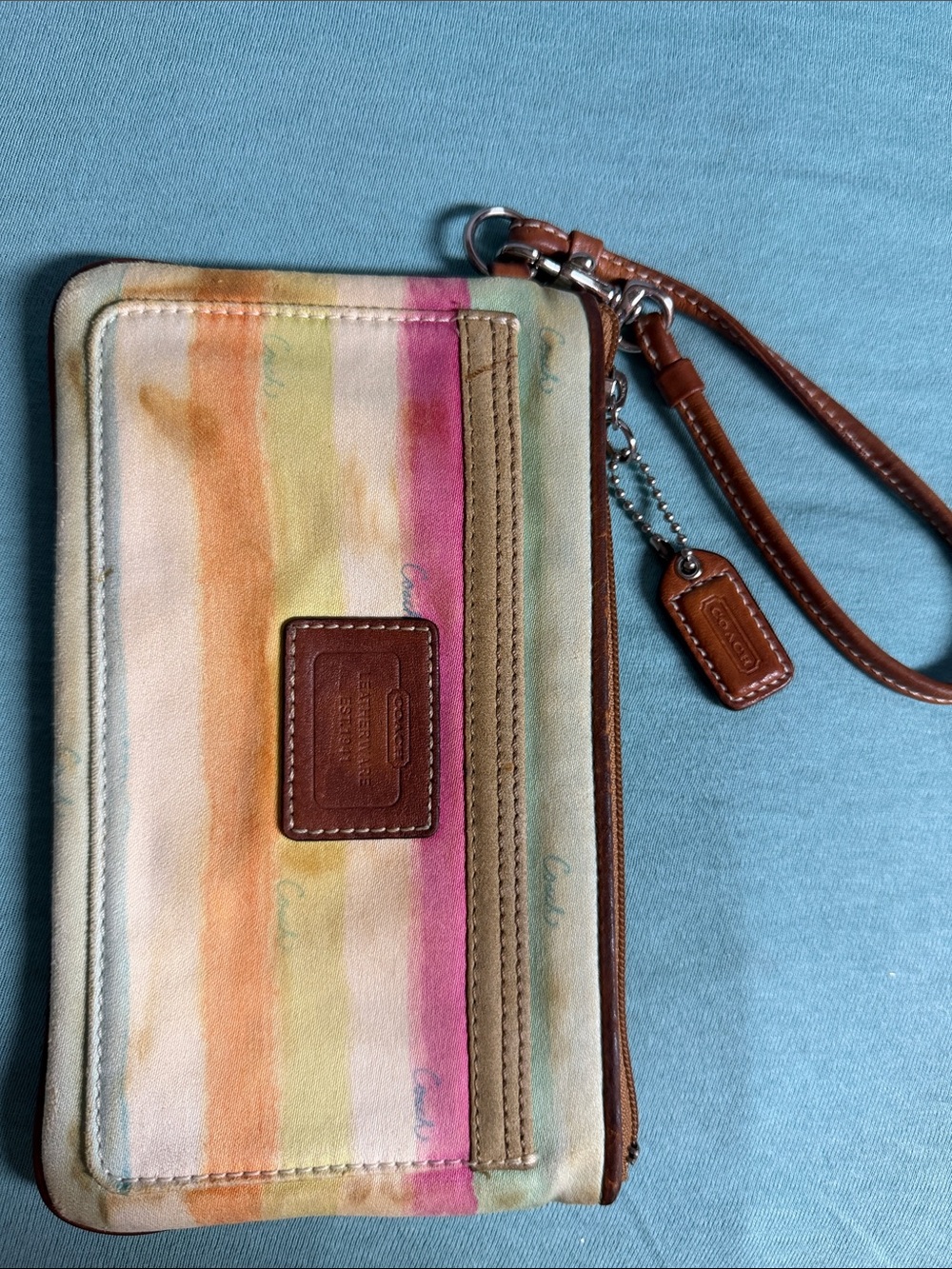 Coach Multicolor Watercolor Stripe Wristlet with Brown Leather Trim